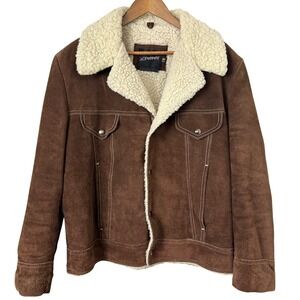 Vtg Brown Suede Leather Jacket Trucker Penny Lane Sherpa Mens L/XL Yellowstone